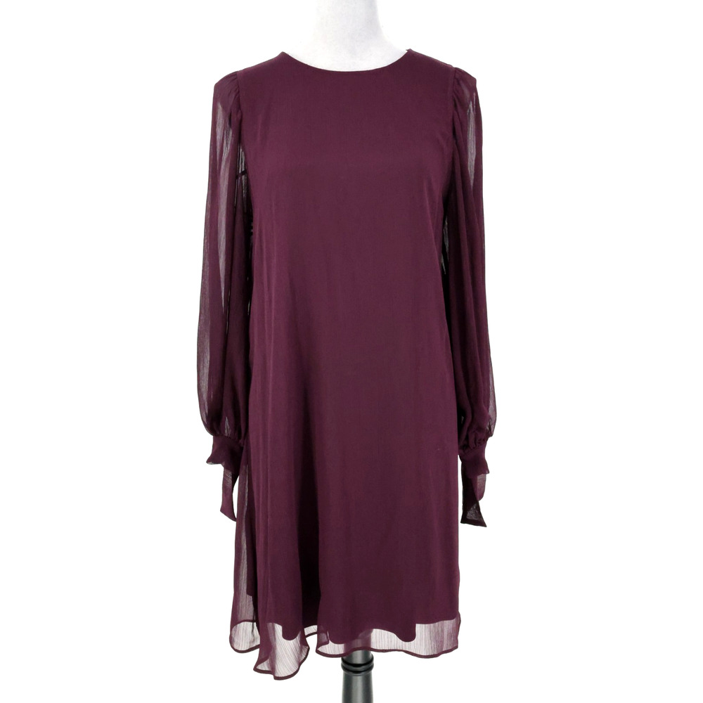 Calvin Klein Dress Womens 8 Burgundy Chiffon Sheer Sleeves Bow Cuffs Lined Shift